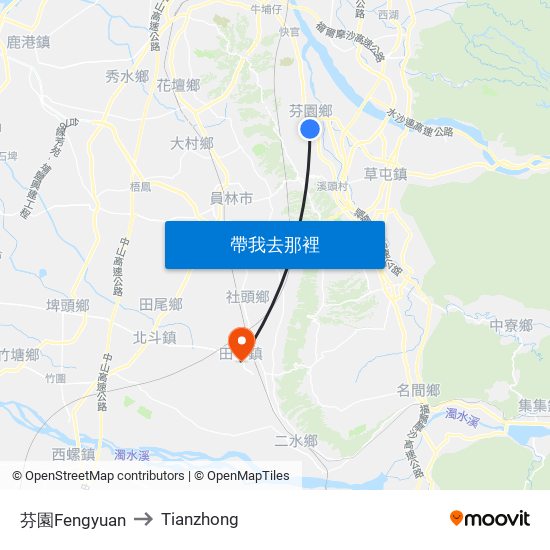 芬園Fengyuan to Tianzhong map