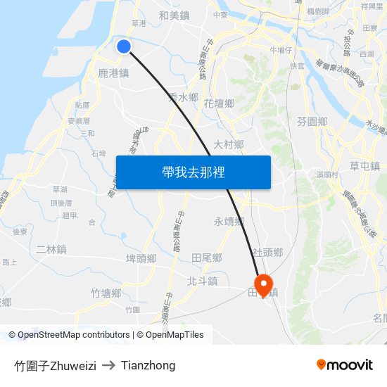 竹圍子Zhuweizi to Tianzhong map