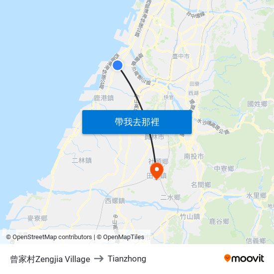 曾家村Zengjia Village to Tianzhong map