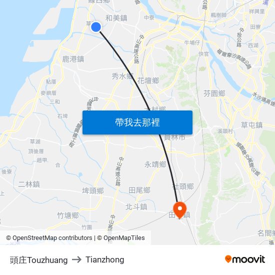 頭庄Touzhuang to Tianzhong map