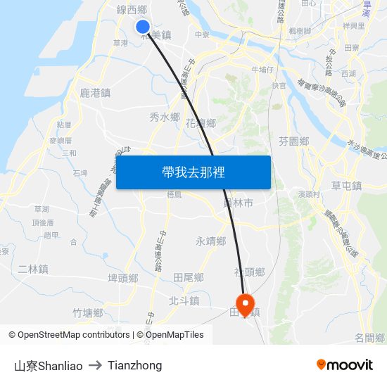 山寮Shanliao to Tianzhong map