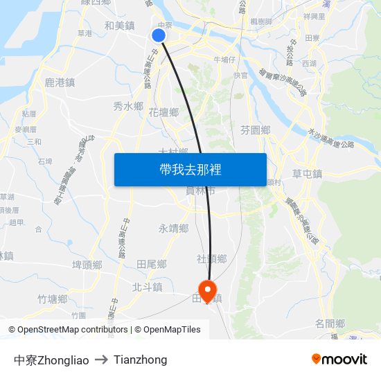 中寮Zhongliao to Tianzhong map