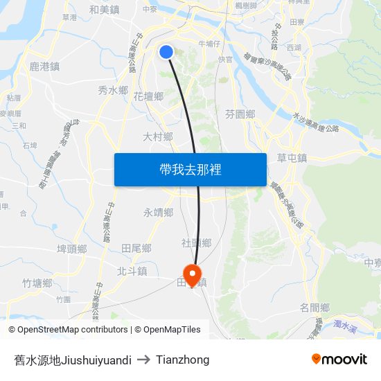 舊水源地Jiushuiyuandi to Tianzhong map