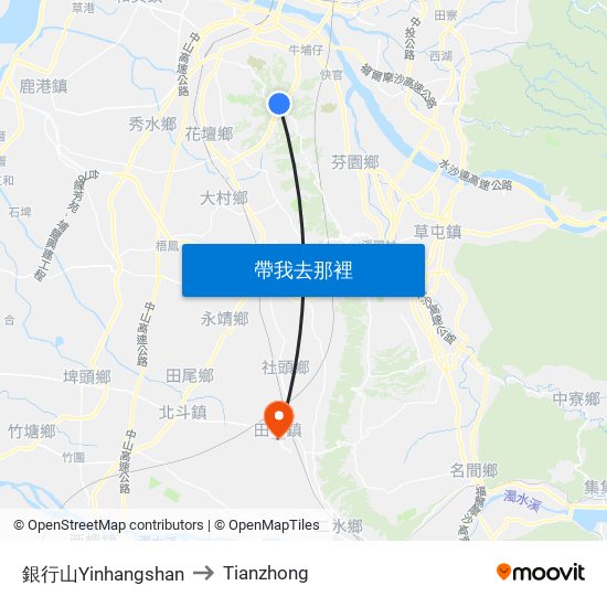 銀行山Yinhangshan to Tianzhong map