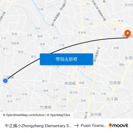 中正國小Zhongzheng Elementary School to Puxin Township map