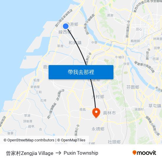 曾家村Zengjia Village to Puxin Township map