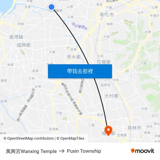 萬興宮Wanxing Temple to Puxin Township map