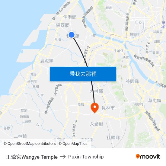 王爺宮Wangye Temple to Puxin Township map