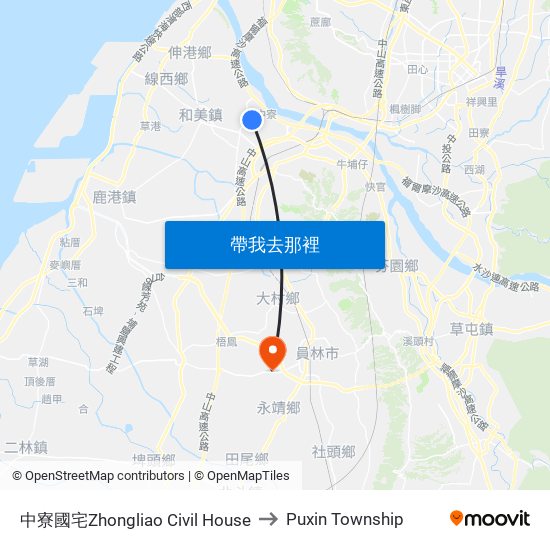 中寮國宅Zhongliao Civil House to Puxin Township map