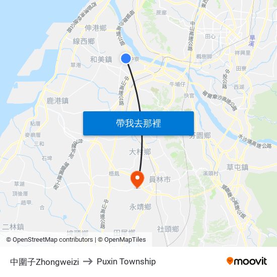 中圍子Zhongweizi to Puxin Township map