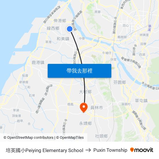 培英國小Peiying Elementary School to Puxin Township map