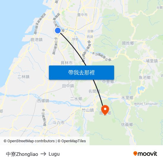 中寮Zhongliao to Lugu map