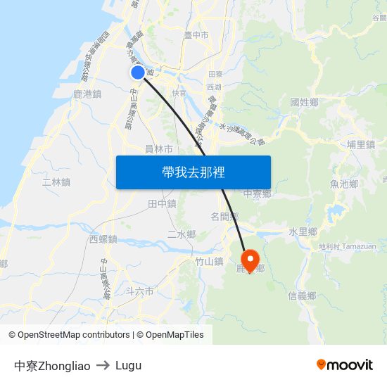 中寮Zhongliao to Lugu map