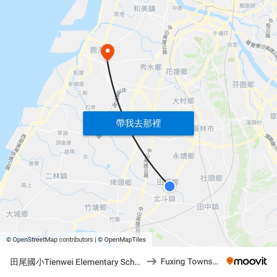 田尾國小Tienwei Elementary School to Fuxing Township map