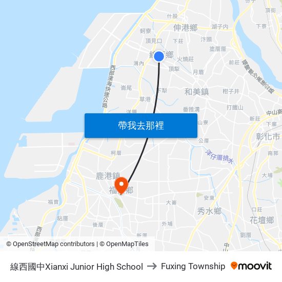 線西國中Xianxi Junior High School to Fuxing Township map