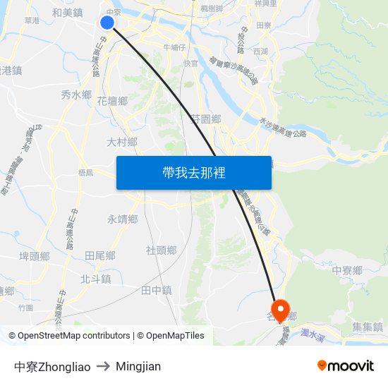 中寮Zhongliao to Mingjian map