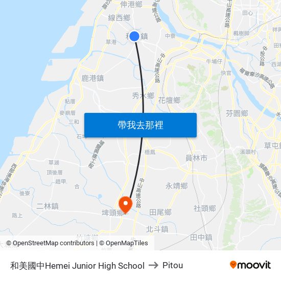 和美國中Hemei Junior High School to Pitou map