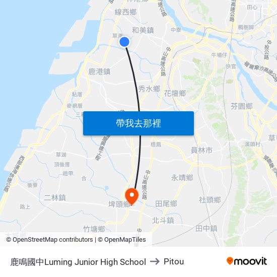 鹿鳴國中Luming Junior High School to Pitou map