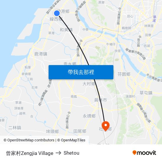 曾家村Zengjia Village to Shetou map