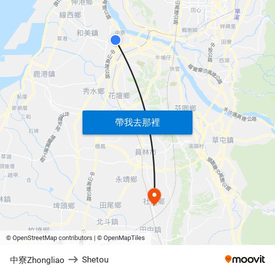 中寮Zhongliao to Shetou map