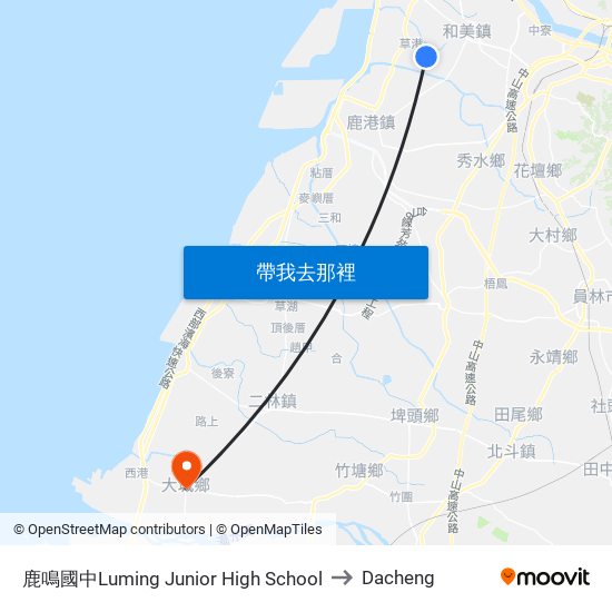 鹿鳴國中Luming Junior High School to Dacheng map