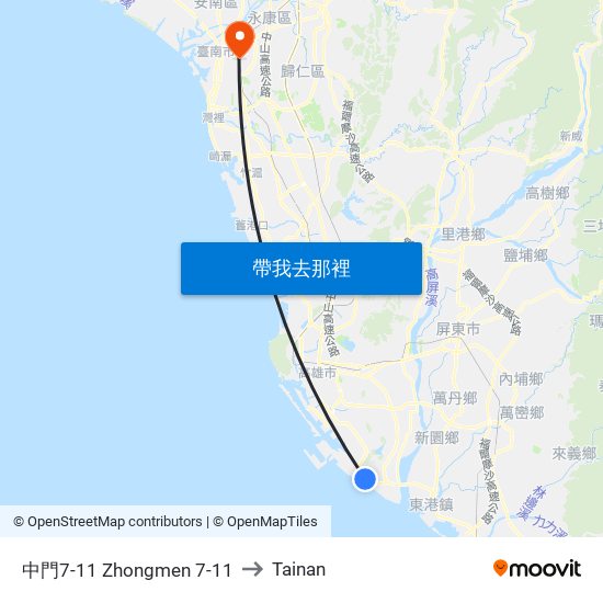 中門7-11 Zhongmen 7-11 to Tainan map