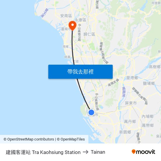 建國客運站 Tra Kaohsiung Station to Tainan map