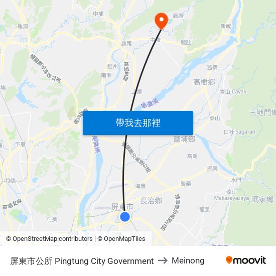 屏東市公所 Pingtung City Government to Meinong map
