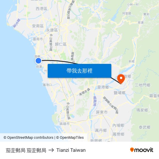 茄萣郵局 茄萣郵局 to Tianzi Taiwan map