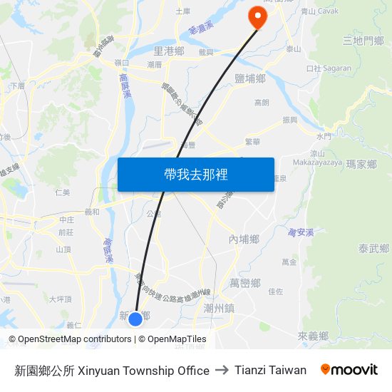 新園鄉公所 Xinyuan Township Office to Tianzi Taiwan map