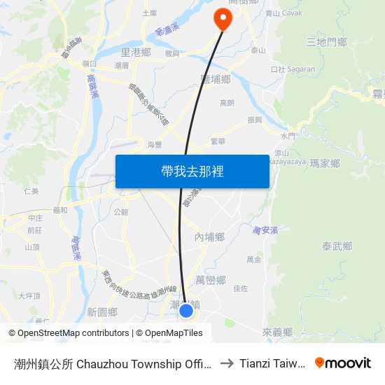 潮州鎮公所 Chauzhou Township Office to Tianzi Taiwan map