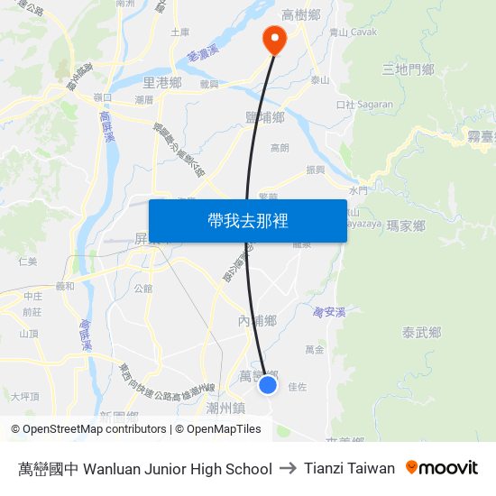 萬巒國中 Wanluan Junior High School to Tianzi Taiwan map