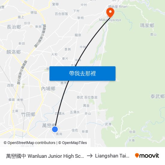 萬巒國中 Wanluan Junior High School to Liangshan Taiwan map