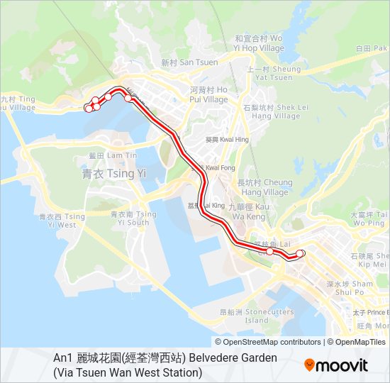 巴士荃灣西 - 荔枝角的線路圖
