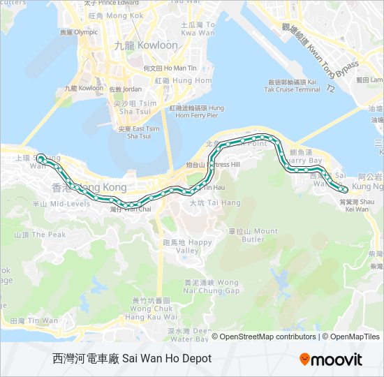 輕鐵上環(西港城) -西灣河電車廠的線路圖