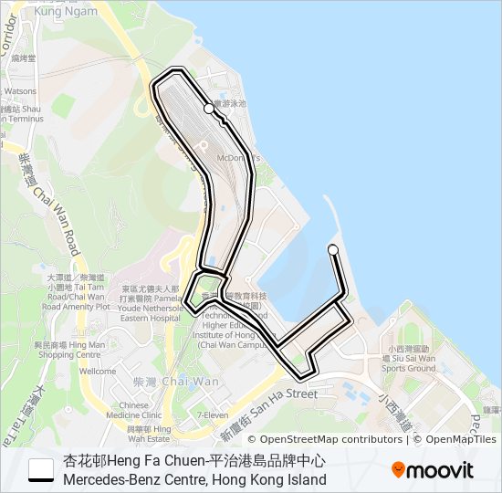 巴士仁孚港島汽車中心接駁專車MERCEDES-BENZ BRAND CENTRE, HONG KONG ISLAND SHUTTLE BUS SERVICE的線路圖