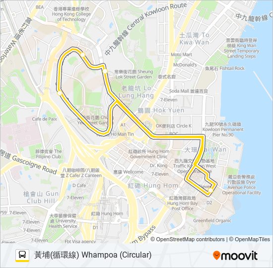 巴士黃埔－何文田免費穿梭巴士 WHAMPOA - HO MAN TIN SHUTTLE BUS的線路圖