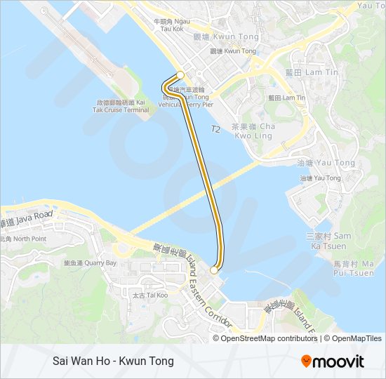 渡輪西灣河 - 觀塘的線路圖