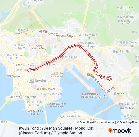 巴士觀塘(裕民坊) — 旺角(先達廣場)／奧運站的線路圖