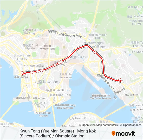觀塘(裕民坊) — 旺角(先達廣場)／奧運站 Bus Line Map