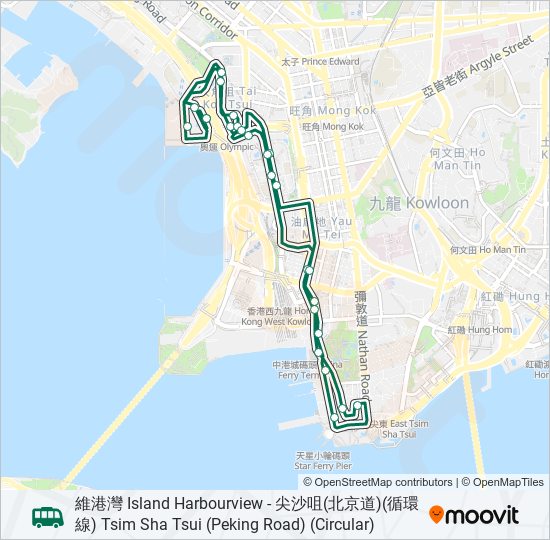 78路線：時刻表，站點和地圖-尖沙咀(北京道)(循環線) Tsim Sha
