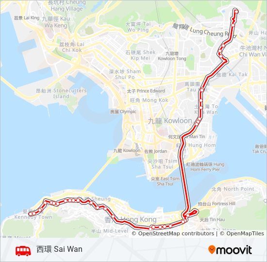 慈雲山 > 灣仔/西環 bus Line Map