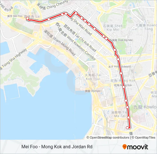 美孚 — 旺角／佐敦道 Bus Line Map