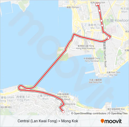 中環(蘭桂坊) ＞ 旺角 Bus Line Map