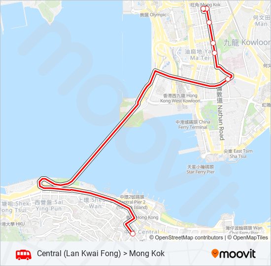 中環(蘭桂坊) ＞ 旺角 bus Line Map
