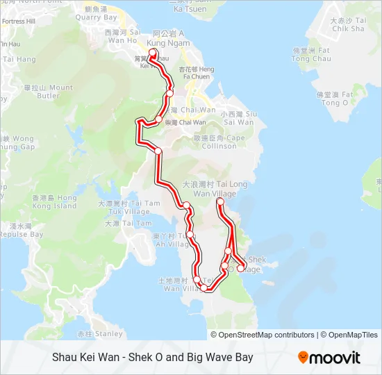 巴士筲箕灣 - 石澳／大浪灣的線路圖