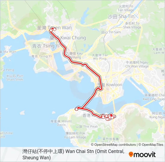 巴士灣仔站 — 荃灣(福來邨)的線路圖