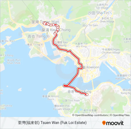 巴士灣仔站 — 荃灣(福來邨)的線路圖
