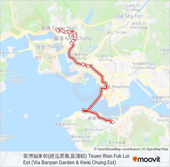 巴士灣仔站 — 荃灣(福來邨)的線路圖
