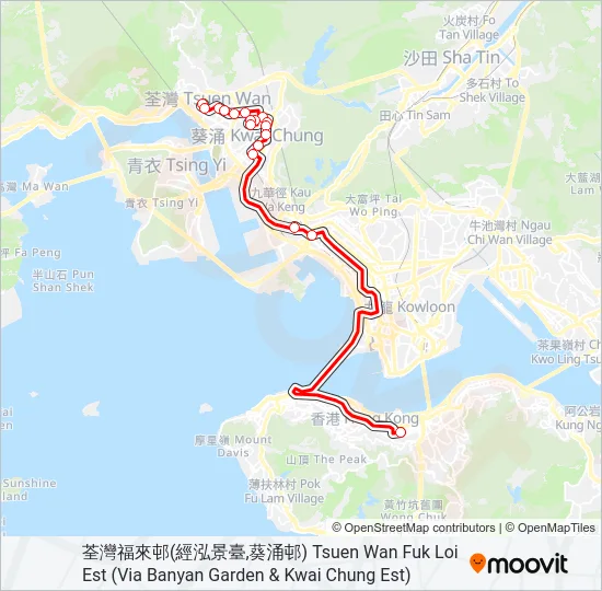 巴士灣仔站 — 荃灣(福來邨)的線路圖